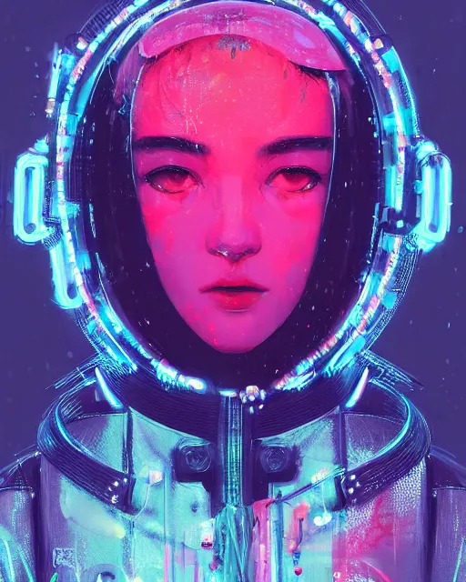 Image similar to detailed portrait Neon Operator Girl, cyberpunk futuristic neon, reflective puffy coat, decorated with traditional Japanese ornaments by Ismail inceoglu dragan bibin hans thoma greg rutkowski Alexandros Pyromallis Nekro Rene Maritte Illustrated, Perfect face, fine details, realistic shaded, fine-face, pretty face