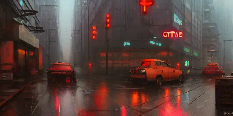 Image similar to painting cyberberpunk city in the rain wet street vaporwave rust grungy, by eric lafforgue, glennray tutor and edward hopper, greg rutkowski. trending on artstation.