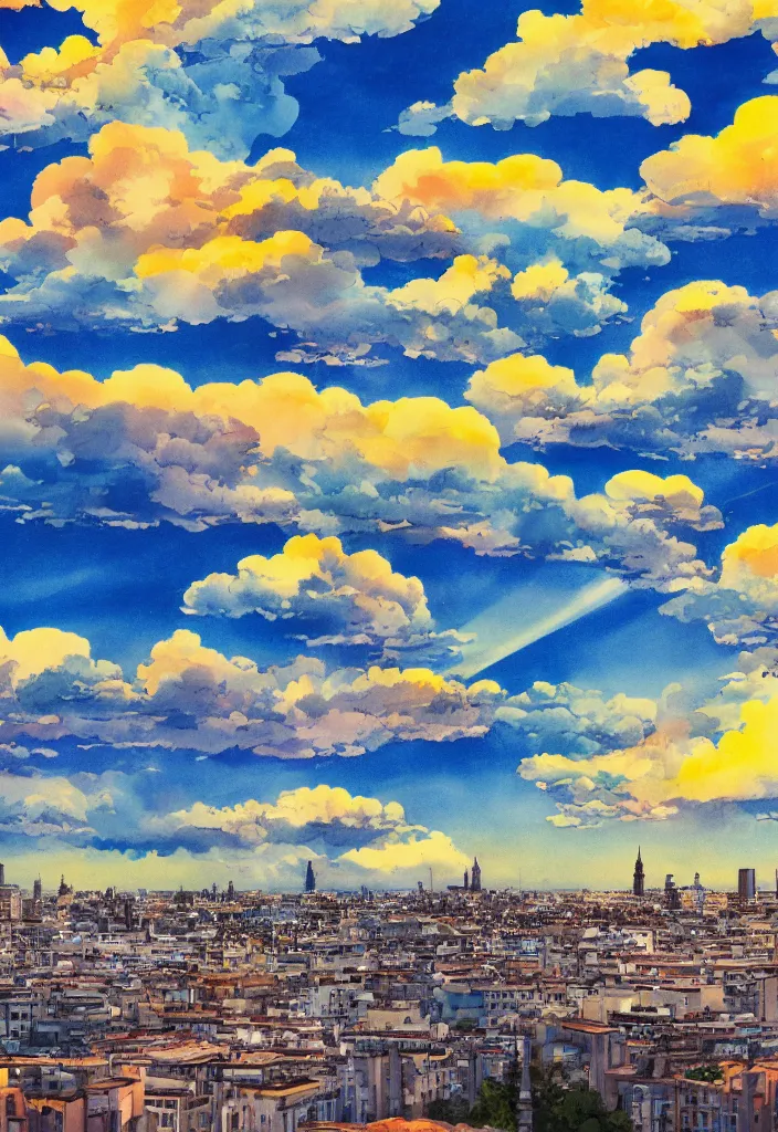 Image similar to madrid city, detailed clouds, sunbeams, heavenly color scheme, studio ghibli scheme