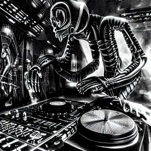 Image similar to an alien djing in a hardcore rave in the style of Giger. 35mm photo realistic