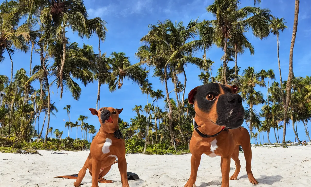 Image similar to an american pitpull terrier on an island beach with palm trees in the background