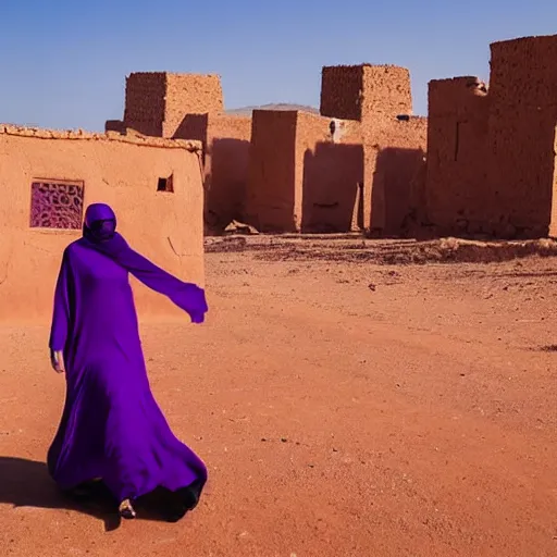 Prompt: low shot photo of feminine and lean arab woman wearing a long purple dress, strutting and looking fierce, with najdi mud houses in the background, early evening, starry sky, in the style of annie leibovitz amd steve meiele