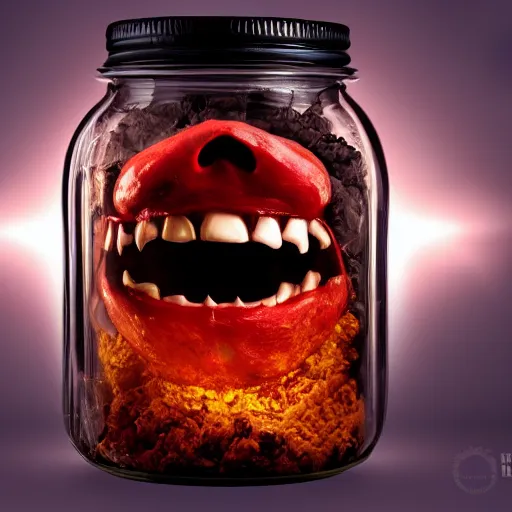 Prompt: Evil monster in a jar by John Howe, product photography, centered, studio lightning