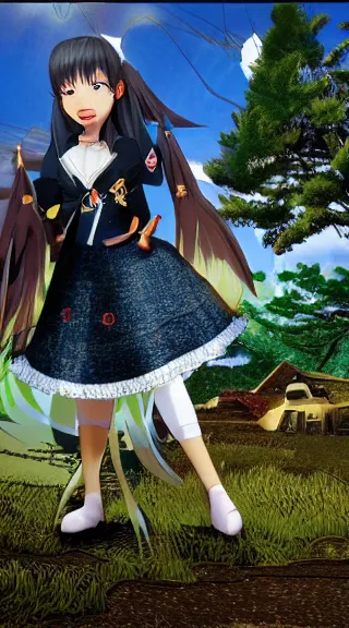 Image similar to Anime Screenshot of a “red-eyed black-haired anime fox girl” wearing black fingerless-gloves, high-waist-black-skirt, white-collared-shirt blue-open-jacket, black-necktie, unsheathing her katana, white background, visual-key, anime illustration, pixiv, anime-twitter