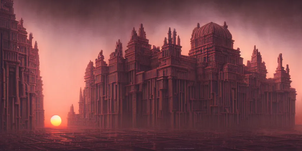 Image similar to sci - fi concrete baroque rococo gothic architecture in hell, babylonian, ziggurat, zaha hadid, beksinski, wayne barlowe, oil painting, photoreal, highly detailed, 8 k, hd, vray, artstation, cinematic matte painting, extreme detail photo quality, sunset, featured on behance