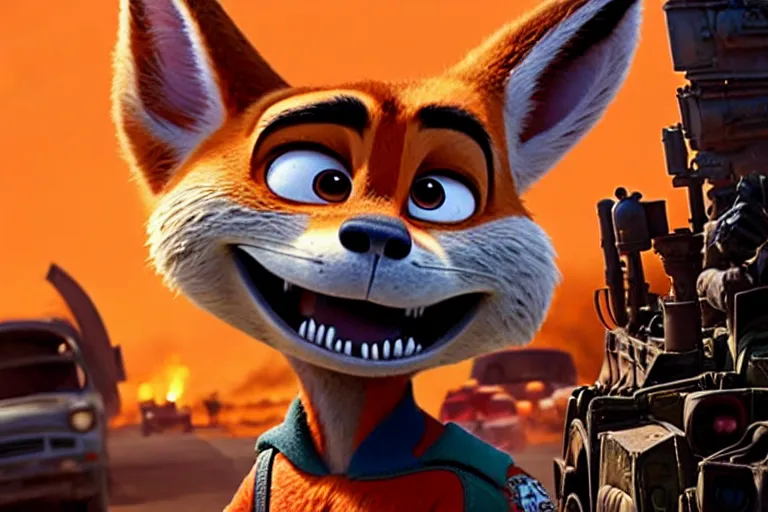 Image similar to nick wilde ( from zootopia ), heavily armed and armored facing down armageddon in a dark and gritty reboot from the makers of mad max : fury road