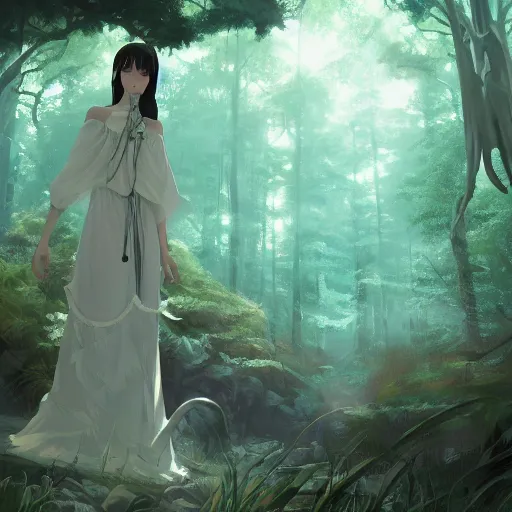 Image similar to concept art painting of a white demon wearing a turquoise dress, in the deep forest, realistic, detailed, cel shaded, in the style of makoto shinkai and greg rutkowski and james gurney