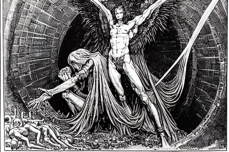 Prompt: 3 5 mm photo of a fallen angel begs to enter the gates of hell by philippe druillet and gustave dore and les edwards and much a and moebius and hieronymus bosch