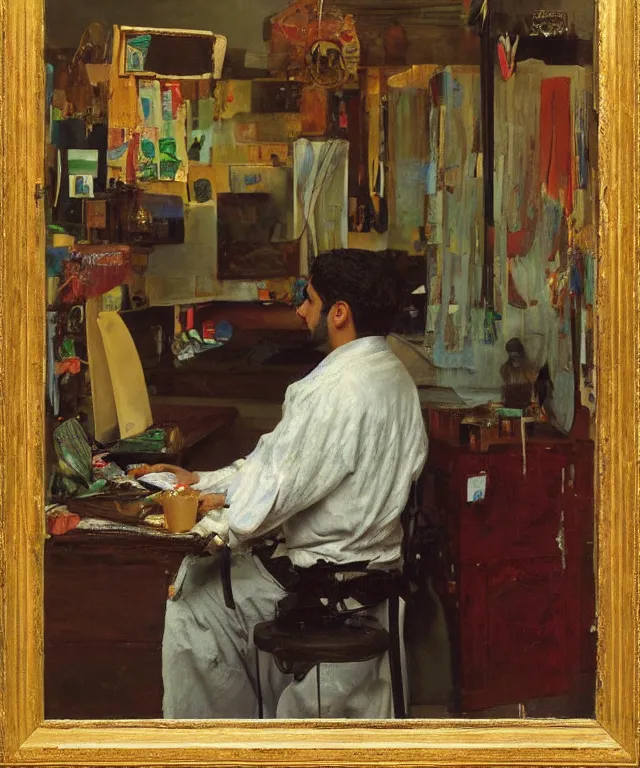 Prompt: a color photograph of persian young man in his workplace, by nan goldin, out of place, intense, bold, exaggerated, over proportion, painted over by mary cassatt, hyperrealistic, ultra sharp, extra details, ultra high quality,