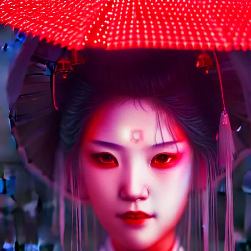 Prompt: photographic close - up portait of a beautiful young cyberpunk geisha half body in a kimono in city with neon lights, ambient lights, rainy day, digital painting, highly detailed, glowing lights, art station, by greg rutkowski
