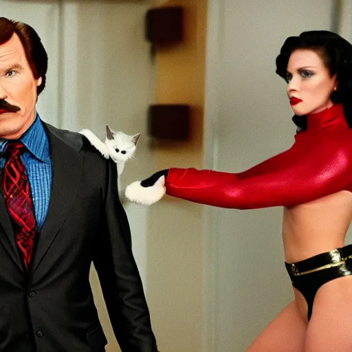 Prompt: a movie still of Ron Burgundy as cat woman, skin tight outfit