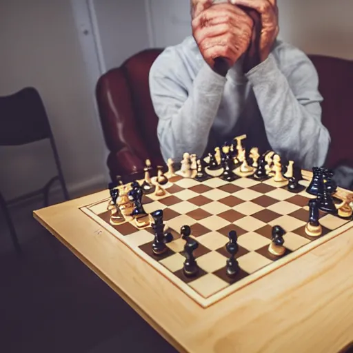 Prompt: photo of an idiot playing chess,