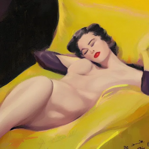 Prompt: beautiful, fine by ross tran deep yellow, 1 9 4 0 s. a conceptual art of a woman reclining on a bed.