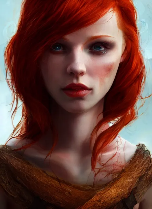 Image similar to Beautiful redhead girl which chest wrapped in bandages, portrait, fantasy, medieval, vivid colors, fantasy, elegant, concept art, sharp focus, beautiful face, digital art, Hyper-realistic, 4K, Unreal Engine, Highly Detailed, HD, Dramatic Lighting by Brom, trending on Artstation