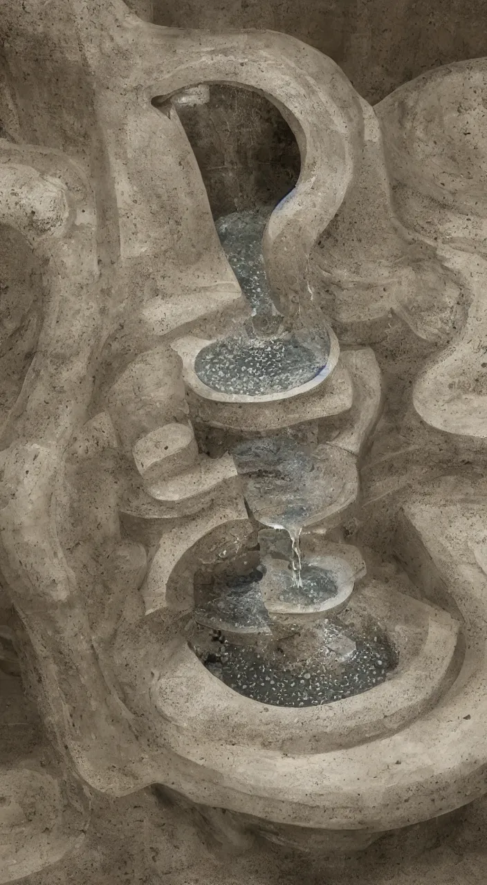 Prompt: a stream of water entering into a machine made from biomorphic amphoras in the shape of seeds and producing a large coin, in the style of a carlo scarpa fountain, architectural photograph, isometric, infrastructure, kidneys, seeds, dynamic lighting, clay texture, 8 k