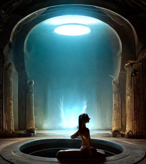 Image similar to fantasy movie scene greg rutkowski digital painting of an ornate and royal egyptian antechamber tomb, a circular pool with an erupting galaxy inside, unreal engine, hyper realism, realistic shading, ballerina, cinematic composition, blender render, octane render, hdr, detailed textures, photorealistic, ultrawide shot, 3 5 mm film