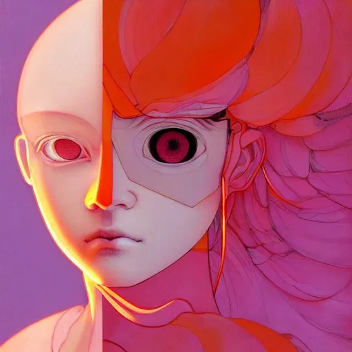 Image similar to prompt : pink and orange portrait soft light painted by james jean and katsuhiro otomo and erik jones, inspired by evangeleon anime, smooth face feature, intricate oil painting, high detail illustration, sharp high detail, manga and anime 1 9 9 9