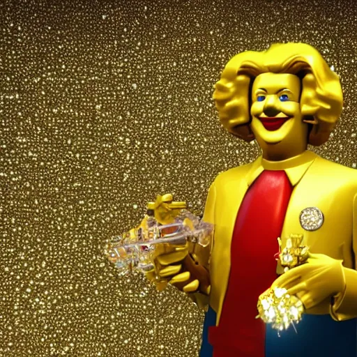 Image similar to A still of Ronald McDonald surrounded by gold and diamonds, Award-winning, photograph, 3d render, unreal engine, 4k detailed