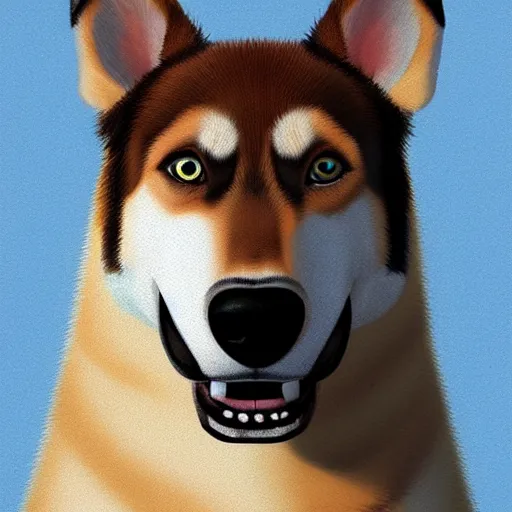 Image similar to a puppy, husky, german shepherd, pit bull mix, blue eyes, caramel brown ears, symmetrical, vertical broad white stripe on face, realistic, cute, beautiful, detailed by Goro Fujita