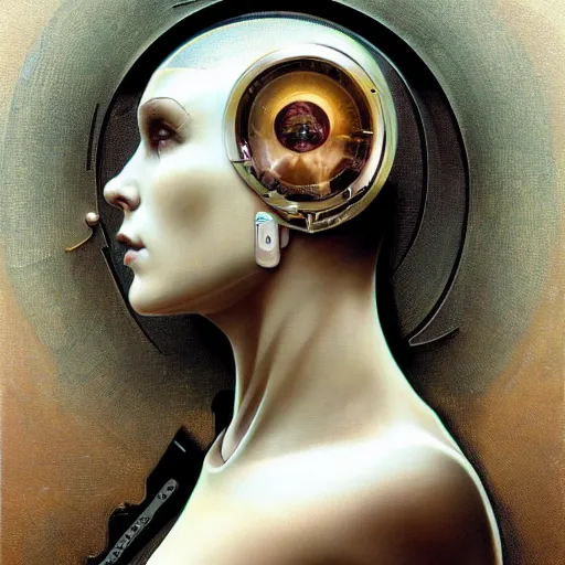 Image similar to portrait of a beautiful blond male android, coy, circuitry visible in head, in the style of ex machina, karol bak, alphonse mucha, greg rutkowski, award winning, hr giger, artstation