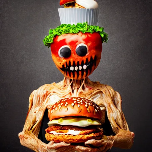 Image similar to a humanoid bipedal upright zombie that strongly resembles a hamburger, professional food photography