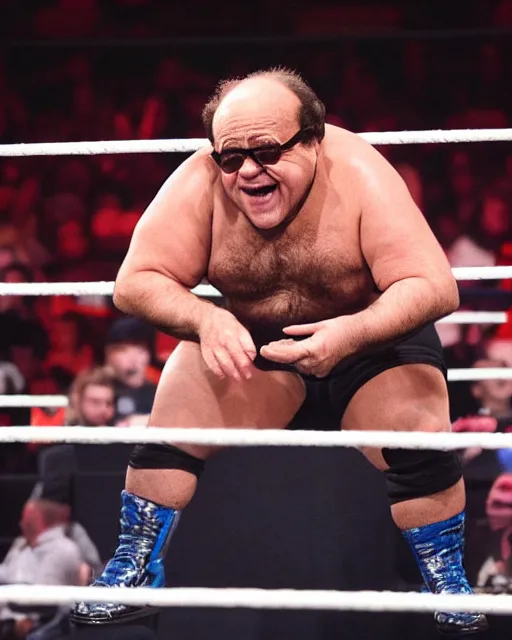 Image similar to portrait of danny devito as a wwe professional wrestler. photographic, photography