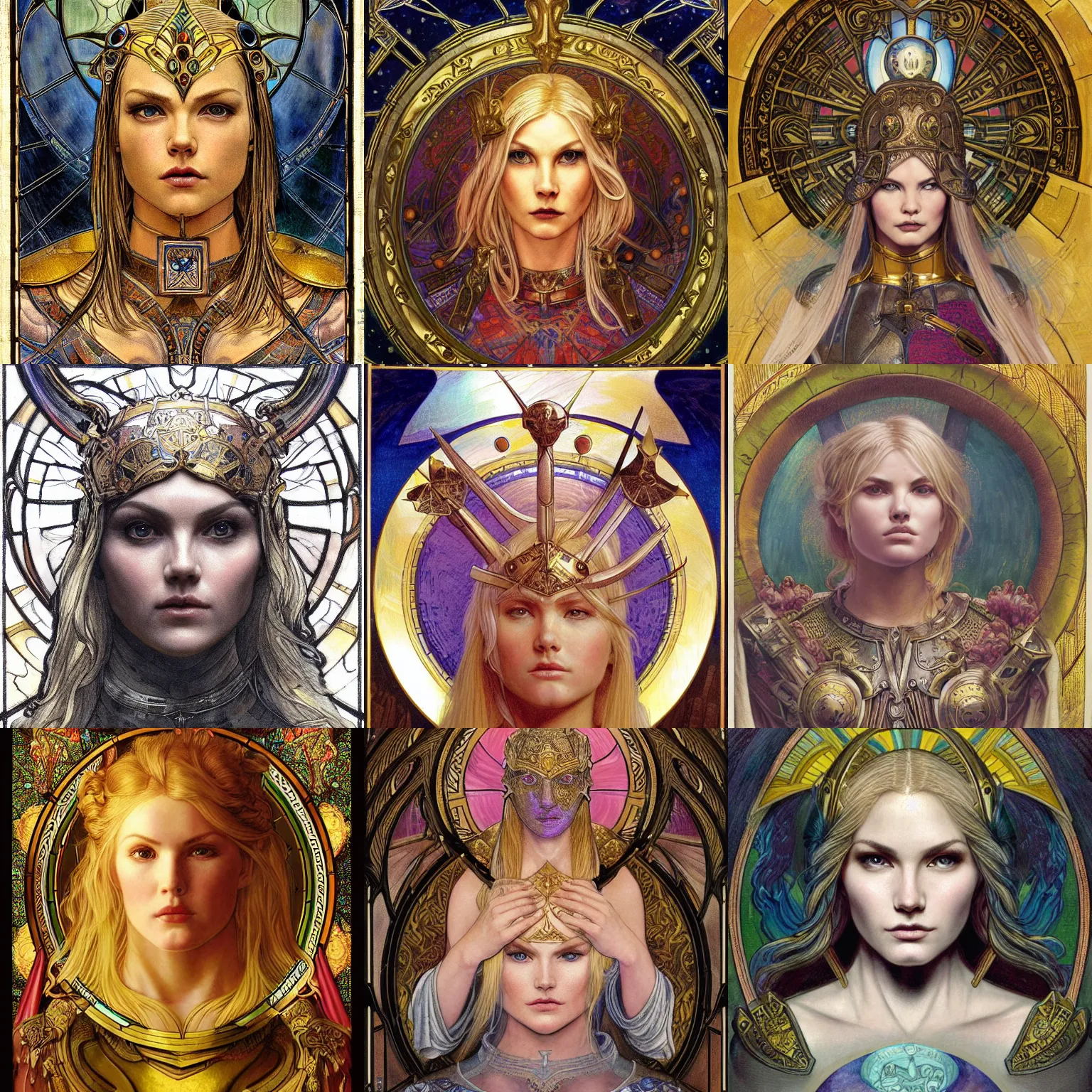 Prompt: masterpiece head-on symmetrical centered portrait, Elisha Cuthbert as a warrior paladin, RPG portrait, medieval era, blonde hair, prismatic golden halo around head, wearing plate armour, elegant, distant, stained glass tarot style, in the style of Edgar Maxence and Ross Tran and Zdzisław Beksiński and Michael Whelan and Mucha and Gustave Doré, specular highlights, 8k, octane render