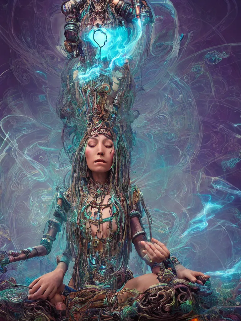 Prompt: an ancient mystical alluring female shaman generating flowing energy and surrounded by wisps of incense smoke sits meditating in a magical cybernetic robot temple, face face face, by android jones and vitaly bulgarov and karol bak, 3 d, cinema 4 d render, trending on artstation