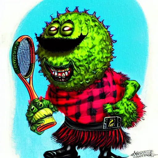 Image similar to a tennis ball monster wearing a scottish kilt, big mustache, scotland blue, digital art, fantasy, magic, chalk, trending on artstation, ultra detailed, professional illustration by basil gogos