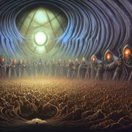 Image similar to a dark cabal of multiple hooded elven mystics in long dark robes gathered in a circular formation around a highly advanced alien computer, dan seagrave art, michael whelan