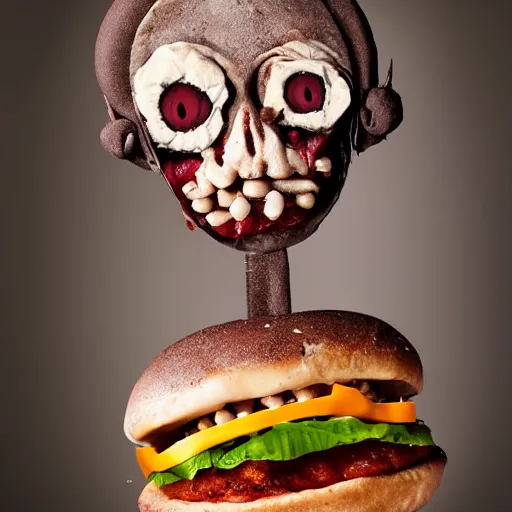 Image similar to a humanoid bipedal upright zombie that strongly resembles a hamburger, professional food photography