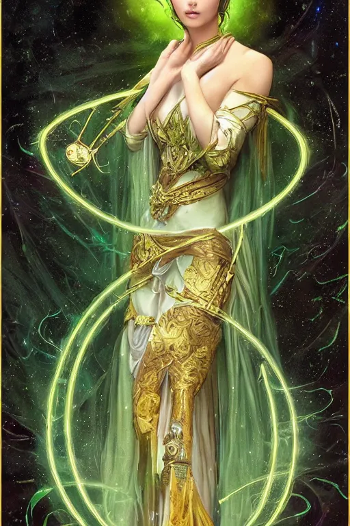 Prompt: a tarot card of an attractive young girl sorceress wearing a black robe with gold embroidery, casting a spell, green glows, painted by artgerm and tom bagshaw and alphonse mucha, in the style of magic the gathering, intricate, highly detailed digital art