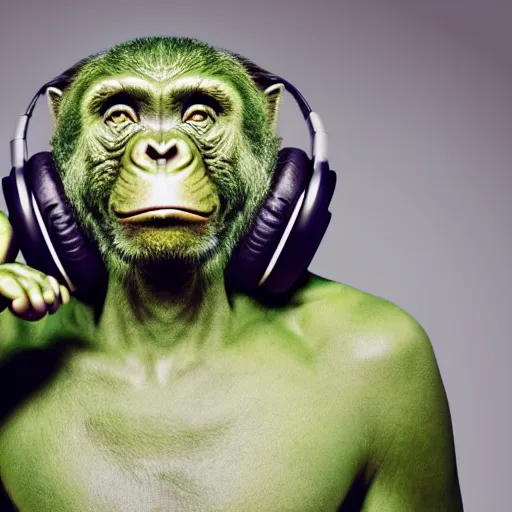 Image similar to a high quality photo of a green chimp wearing headphones, realism, 8k