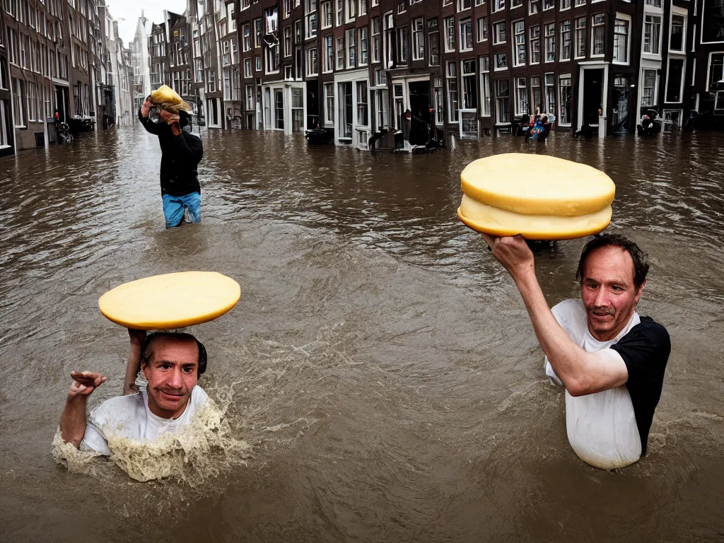 Image similar to closeup potrait of a man carrying a wheel of cheese over his head in a flood in Amsterdam, photograph, natural light, sharp, detailed face, magazine, press, photo, Steve McCurry, David Lazar, Canon, Nikon, focus