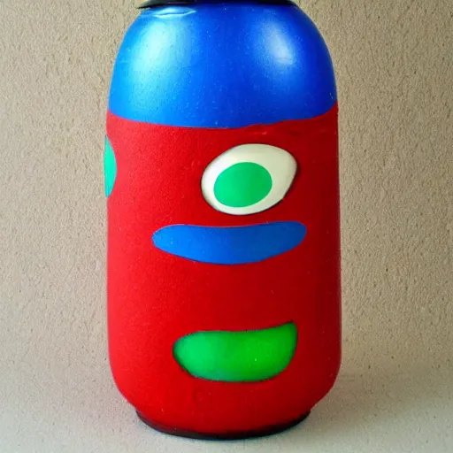 Prompt: Liminal space in outer space puppet!!!!!!, red puppet with green and blue galaxy background, (((sand art bottle)))