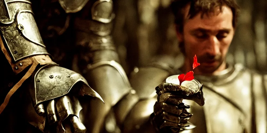 Image similar to film still of closeup the knight holds a bleeding heart in his hand by emmanuel lubezki