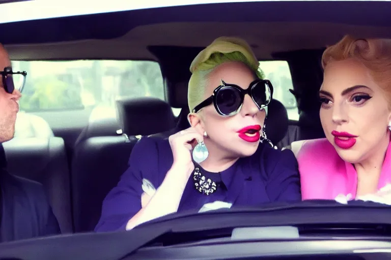 Image similar to lady gaga and judy garland carpool karaoke, highly realistic, highly detailed, high resolution, 8 k 4 k,