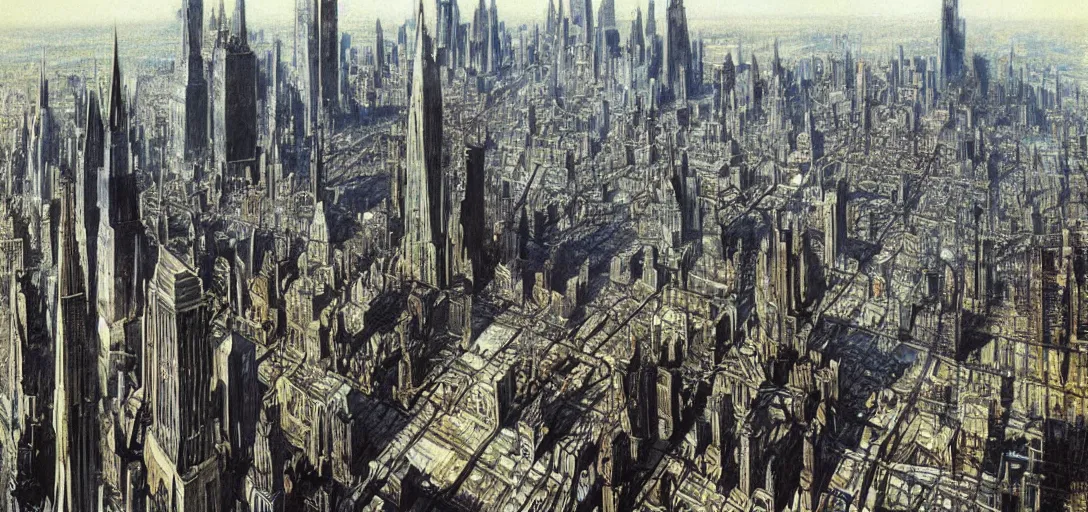 Prompt: Futuristic landscape of New York City in the year 2050 by Alan Lee