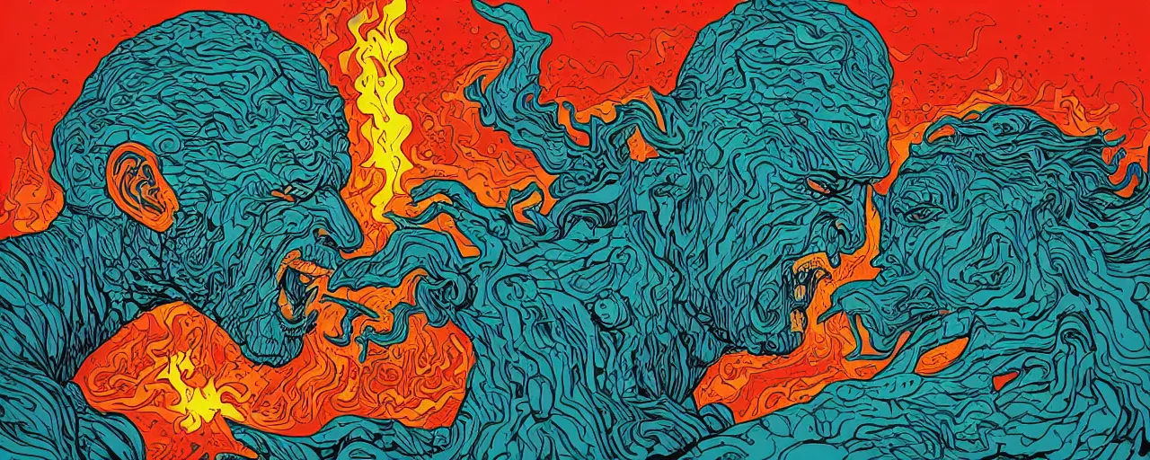 Image similar to portrait of head melting into another one, lava, laugh and surprise, by Dan Mumford