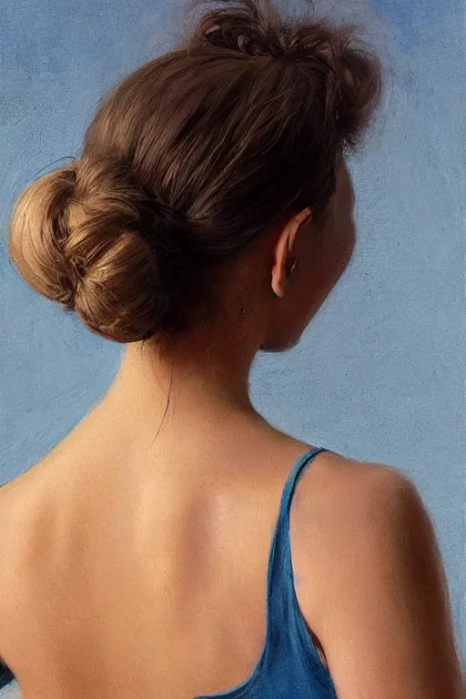 Prompt: girl with messy bun hairstyle, back view, blue camisole!!!!!!! shoulder tattoo!!!!!!! jeremy lipking, joseph todorovitch