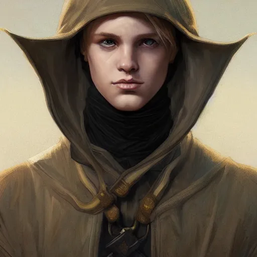 Prompt: an epic fantasy comic book style portrait painting of a young blonde boy wearing plain thief clothes, confident, d & d, fantasy, intricate, elegant, highly detailed, digital painting, artstation, concept art, matte, sharp focus, illustration, art by artgerm and greg rutkowski and alphonse mucha