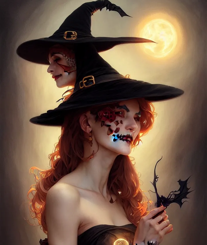 Image similar to halloween witch woman in a hat smiles, fantasy magic, undercut hairstyle, dark light night, intricate, elegant, sharp focus, illustration, highly detailed, digital painting, concept art, matte, art by wlop and artgerm and greg rutkowski and alphonse mucha, masterpiece