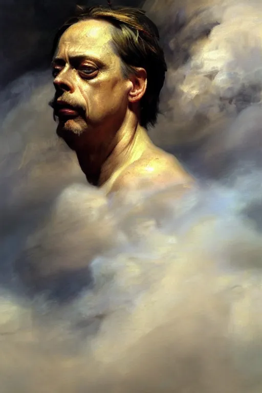 Image similar to beautiful detailed expressive impressionistic oil painting portrait of ancient roman god emperor steve buscemi ascending into the clouds wearing the civic crown, renaissance painting, art by anders zorn, wonderful masterpiece by greg rutkowski, expressive brush strokes, beautiful cinematic light, american romanticism by greg manchess, jessica rossier