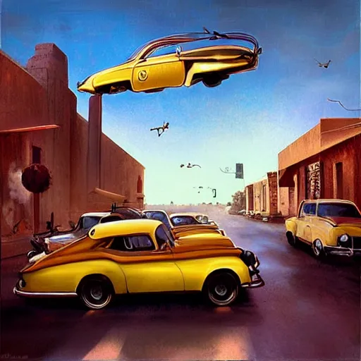 Prompt: restored vintage cars float through the air above the street in a small southwestern american town, art by alejandro burdisio