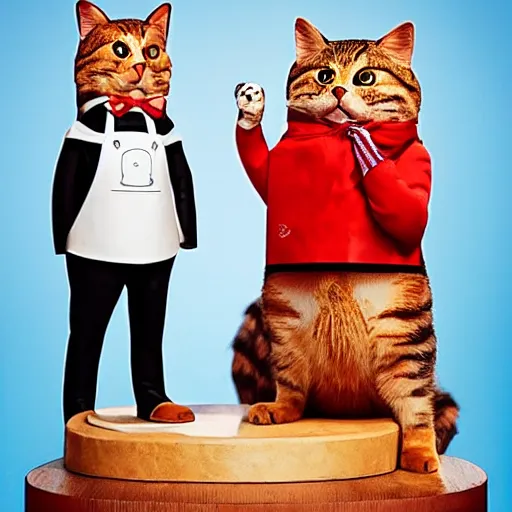 Image similar to anthropomorphic cats competing at masterchef TV show, studio shot