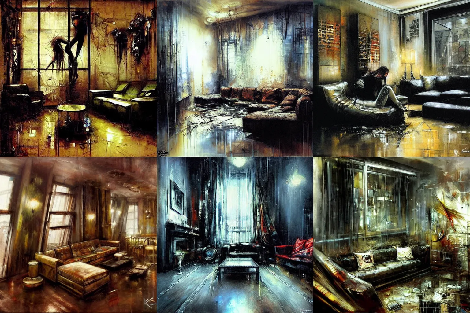 Prompt: living room of an apartment in a rainy cyperpunk city, by karol bak, by guy denning