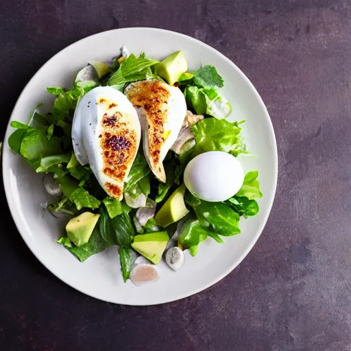 Prompt: chicken salad with avocado and poached egg, food photography