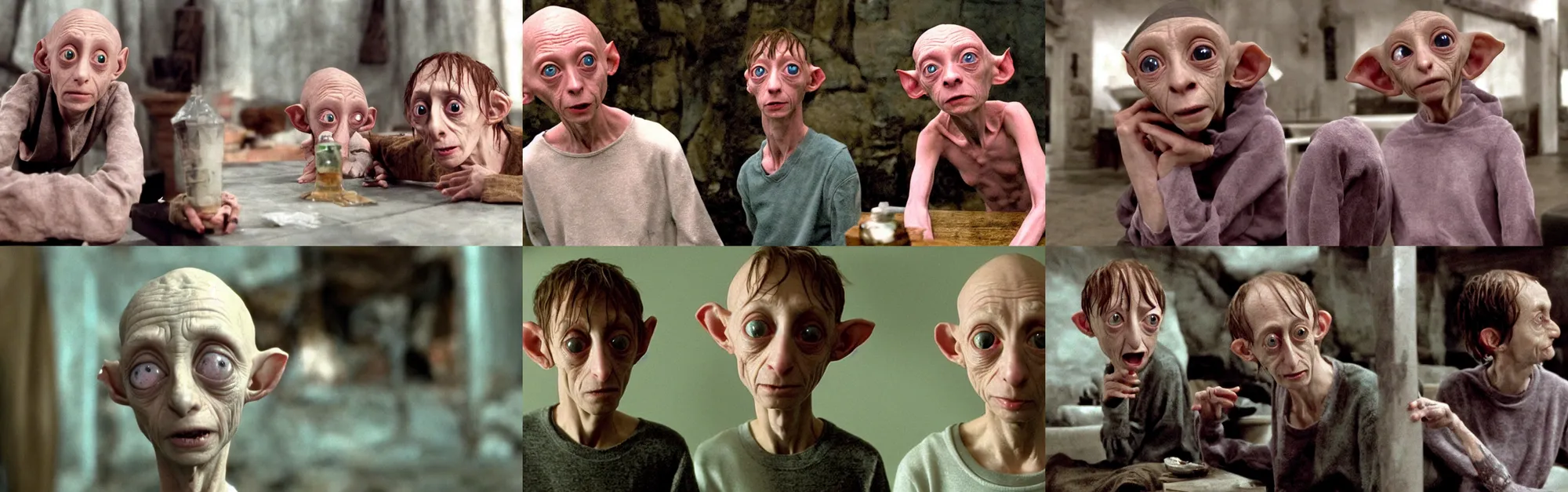 Prompt: dobby from harry potter and gollum from lord of the rings, struggling with heroin addiction, film still from requiem for a dream ( 2 0 0 0 )