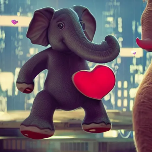 Image similar to TY elephant has a candy heart transplant, action, adventure, dramedy, imax, movie still, 4k, 8k, cyberpunk