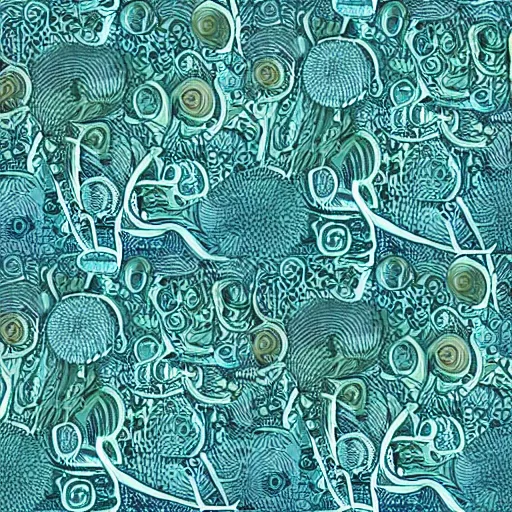 Image similar to beautiful and artistic mycelium on a fantastic planet and unusual inhabitants of the oceans, protozoa, amoeba, diatoms, highly detailed, pattern with optical illusion, tiling texture repeating fabric pattern